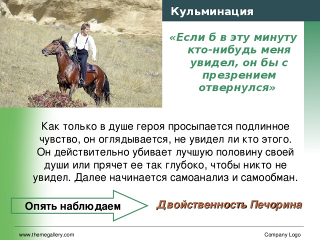 Кульминация «Если б в эту минуту кто-нибудь меня увидел, он бы с презрением отвернулся»  Как только в душе героя просыпается подлинное чувство, он оглядывается, не увидел ли кто этого. Он действительно убивает лучшую половину своей души или прячет ее так глубоко, чтобы никто не увидел. Далее начинается самоанализ и самообман. Опять наблюдаем  Двойственность Печорина www.themegallery.com Company Logo