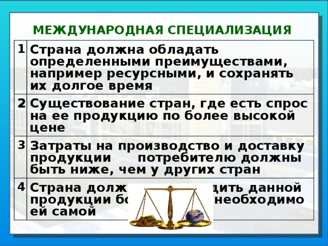 Отрасли международной специализации таблица