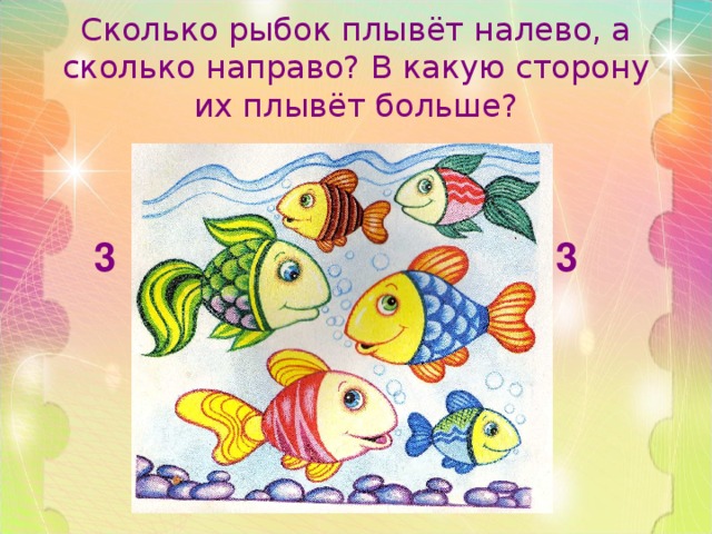 Сколько рыбок плывёт налево, а сколько направо? В какую сторону их плывёт больше? 3 3 