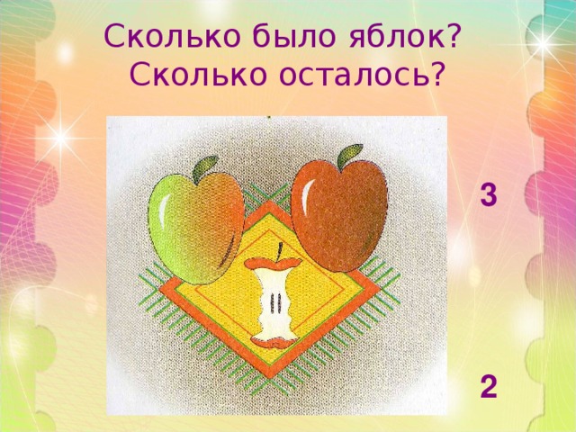 Сколько было яблок?  Сколько осталось?    3     2 
