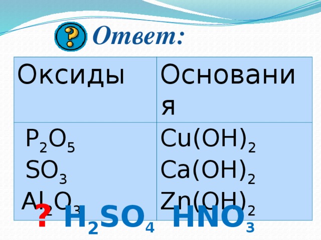 Ответ: Оксиды Основания  P 2 O 5  SO 3 Cu(OH) 2 Ca(OH) 2 Zn(OH) 2  Al 2 O 3 Кликом мышки вызываем задание. Кликом мышки вызывам правильный ответ с целью самопроверки. Кликом мышки вызываем вопрос.  ? H 2 SO 4  HNO 3 HCl 