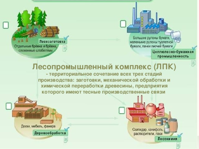 Лесопромышленный комплекс (ЛПК) - территориальное сочетание всех трех стадий производства: заготовки, механической обработки и химической переработки древесины, предприятия которого имеют тесные производственные связи  