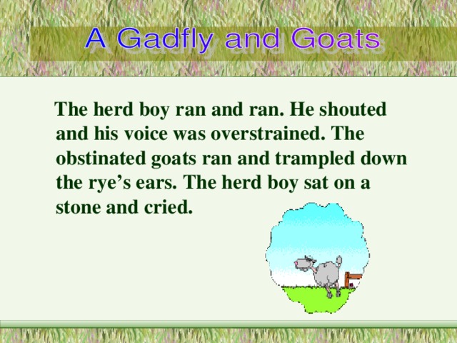  The herd boy ran and ran. He shouted and his voice was overstrained. The obstinated goats ran and trampled down the rye’s ears. The herd boy sat on a stone and cried. 