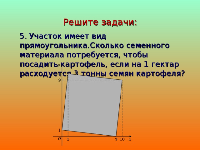 Решите задачи:  5. Участок имеет вид прямоугольника.Сколько семенного материала потребуется, чтобы посадить картофель, если на 1 гектар расходуется 3 тонны семян картофеля? 