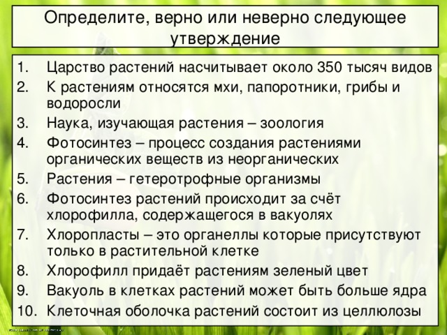 Определите, верно или неверно следующее утверждение Царство растений насчитывает около 350 тысяч видов К растениям относятся мхи, папоротники, грибы и водоросли Наука, изучающая растения – зоология Фотосинтез – процесс создания растениями органических веществ из неорганических Растения – гетеротрофные организмы Фотосинтез растений происходит за счёт хлорофилла, содержащегося в вакуолях Хлоропласты – это органеллы которые присутствуют только в растительной клетке Хлорофилл придаёт растениям зеленый цвет Вакуоль в клетках растений может быть больше ядра Клеточная оболочка растений состоит из целлюлозы 