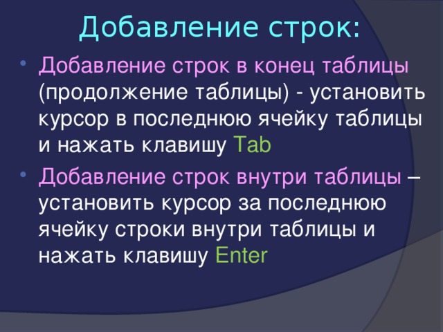 Добавление строк: Добавление строк в конец таблицы (продолжение таблицы) - установить курсор в последнюю ячейку таблицы и нажать клавишу Tab Добавление строк внутри таблицы –  установить курсор за последнюю ячейку строки внутри таблицы и нажать клавишу Enter 