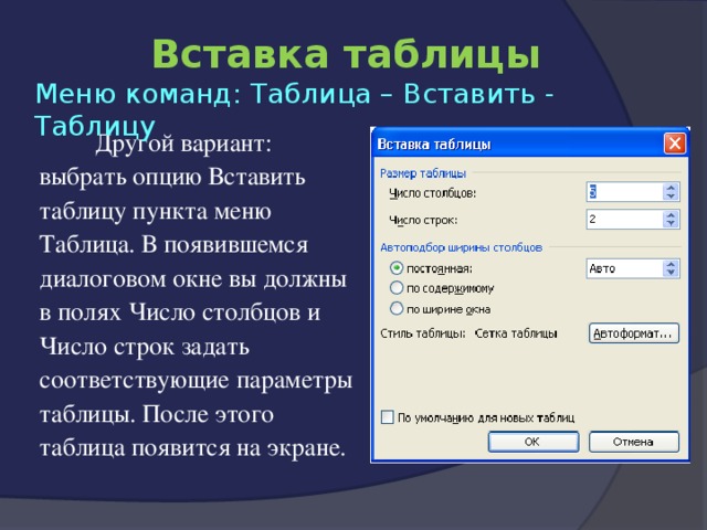 Вставка таблицы Меню команд: Таблица – Вставить - Таблицу Другой вариант: выбрать опцию Вставить таблицу пункта меню Таблица. В появившемся диалоговом окне вы должны в полях Число столбцов и Число строк задать соответствующие параметры таблицы. После этого таблица появится на экране. 