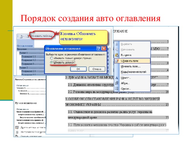 Порядок создания авто оглавления Для того чтобы собрать все заголовки и подзаголовки на одной странице, ставим курсор в то место, где будет располагаться наше новое оглавление. Переходим на вкладку  Ссылки  и выбираем пункт  Оглавление, выбираем вкладку « Оглавление ». Здесь можно выбрать вид заголовков, либо самостоятельно его настроить. Оглавление создаётся автоматически при нажатии кнопки «ОК». С помощью авто оглавления остается лишь перейти на нужную страницу, для этого надо навести курсор на любой заголовок, и левой кнопкой мыши вместе с клавишей «ctrl» нажать на него. Для обновления автооглавления используем команду «Обновить поле» 