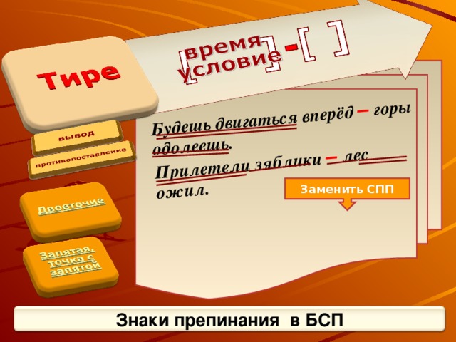 Будешь двигаться вперёд – горы одолеешь. Прилетели зяблики – лес ожил. Заменить СПП Знаки препинания в БСП