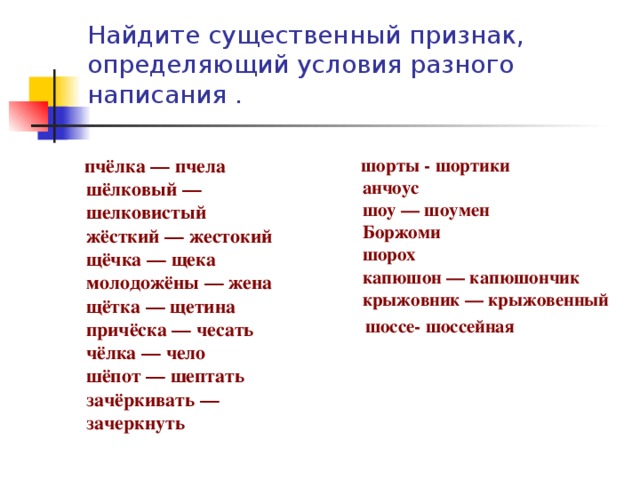 Найдите существенный признак, определяющий условия разного написания .    пчёлка — пчела  шёлковый — шелковистый  жёсткий — жестокий  щёчка — щека  молодожёны — жена  щётка — щетина  причёска — чесать  чёлка — чело  шёпот — шептать  зачёркивать — зачеркнуть  шорты - шортики  анчоус  шоу — шоумен  Боржоми  шорох  капюшон — капюшончик  крыжовник — крыжовенный   шоссе- шоссейная