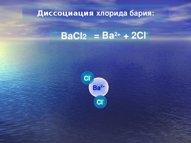 Диссоциация хлорида бария: = Ba 2+ + 2Cl - BaCl 2 Cl - Ba 2+ Cl - 