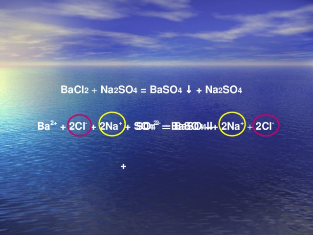 BaCl 2 + Na 2 SO 4 = BaSO 4 ↓ + Na 2 SO 4 Ba 2+ + 2Cl - + 2Na + + SO 4 2- = BaSO 4 ↓+ 2Na + + 2Cl - SO 4 2-  Ba 2+  = BaSO 4 ↓ + 