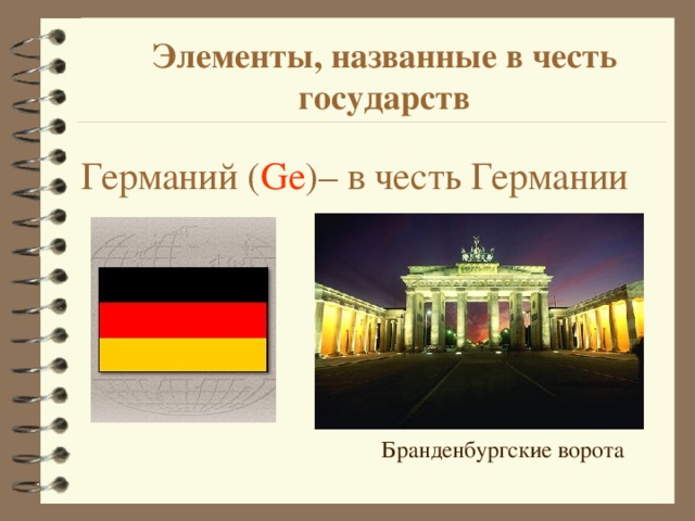 Элементы, названные в честь государств Германий ( Ge ) – в честь Германии Бранденбургские ворота 