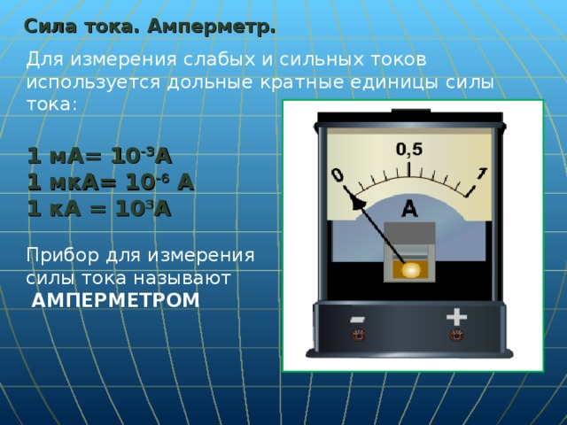 Сила тока. Амперметр. Для измерения слабых и сильных токов используется дольные кратные единицы силы тока:  1 мА= 10 -3 А 1 мкА= 10 -6 А 1 кА = 10 3 А Прибор для измерения силы тока называют  АМПЕРМЕТРОМ