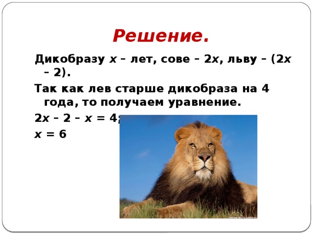 Решение.  Дикобразу х – лет, сове – 2 х , льву – (2 х – 2). Так как лев старше дикобраза на 4 года, то получаем уравнение. 2 х – 2 – х = 4; х = 6 