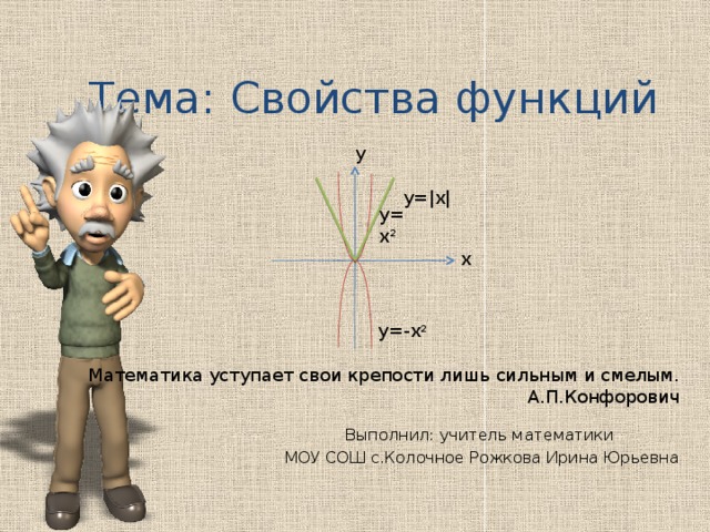 Тема: Свойства функций y y=|x| y=x 2 x y=-x 2 Математика уступает свои крепости лишь сильным и смелым. А.П.Конфорович Выполнил: учитель математики МОУ СОШ с.Колочное Рожкова Ирина Юрьевна