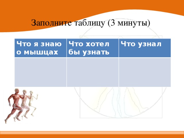 Заполните таблицу (3 минуты) Что я знаю о мышцах Что хотел бы узнать Что узнал