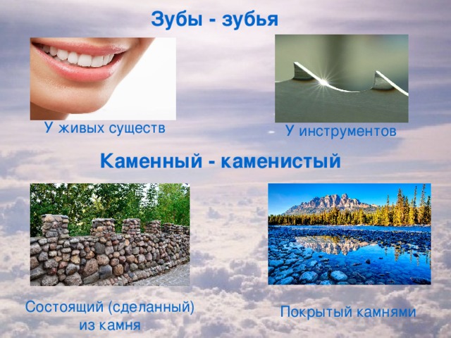 Зубы - зубья У живых существ У инструментов Каменный - каменистый Покрытый камнями Состоящий (сделанный) из камня 