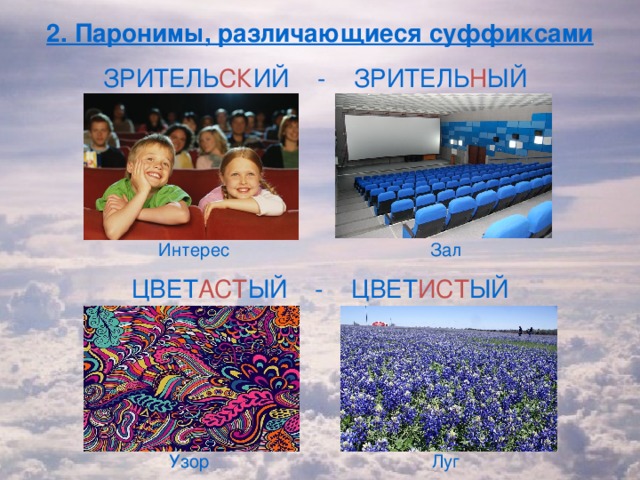 2. Паронимы, различающиеся суффиксами ЗРИТЕЛЬ СК ИЙ - ЗРИТЕЛЬ Н ЫЙ Интерес Зал ЦВЕТ АСТ ЫЙ - ЦВЕТ ИСТ ЫЙ Узор Луг 