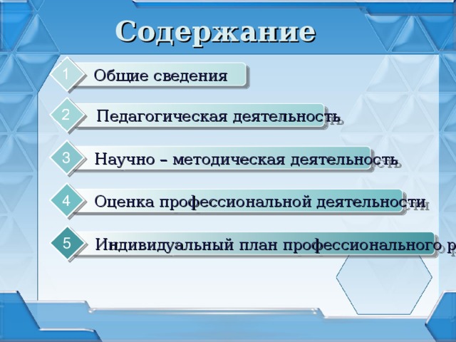 Содержание Общие сведения Педагогическая деятельность 3 Научно – методическая деятельность 4 Оценка профессиональной деятельности 5 Индивидуальный план профессионального развития 2 