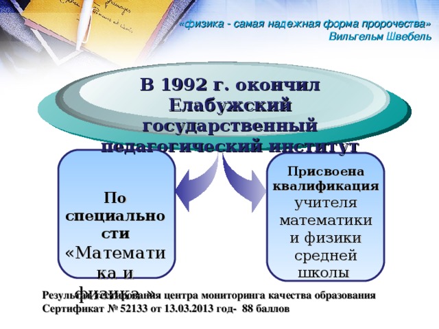 «физика - самая надежная форма пророчества» Вильгельм Швебель В 1992 г. окончил Елабужский государственный педагогический институт Присвоена квалификация учителя математики и физики средней школы По специальности «Математика и физика » Результат тестирования центра мониторинга качества образования Сертификат № 52133 от 13.03.2013 год- 88 баллов 4 