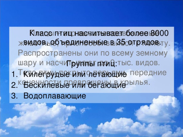 Птицы – это высшие позвоночные животные, приспособившиеся к полету. Распространены они по всему земному шару и насчитывают до 9 тыс. видов.  Тело птиц покрыто перьями, передние конечности превращены в крылья.   Класс птиц насчитывает более 8000 видов, объединенные в 35 отрядов. Группы птиц: