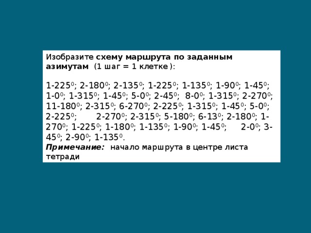 Изобразите схему маршрута по заданным азимутам (1 шаг = 1 клетке ):   1-225 0 ; 2-180 0 ; 2-135 0 ; 1-225 0 ; 1-135 0 ; 1-90 0 ; 1-45 0 ; 1-0 0 ; 1-315 0 ; 1-45 0 ; 5-0 0 ; 2-45 0 ; 8-0 0 ; 1-315 0 ; 2-270 0 ; 11-180 0 ; 2-315 0 ; 6-270 0 ; 2-225 0 ; 1-315 0 ; 1-45 0 ; 5-0 0 ; 2-225 0 ; 2-270 0 ; 2-315 0 ; 5-180 0 ; 6-13 0 ; 2-180 0 ; 1-270 0 ; 1-225 0 ; 1-180 0 ; 1-135 0 ; 1-90 0 ; 1-45 0 ; 2-0 0 ; 3-45 0 ; 2-90 0 ; 1-135 0 . Примечание: начало маршрута в центре листа тетради 