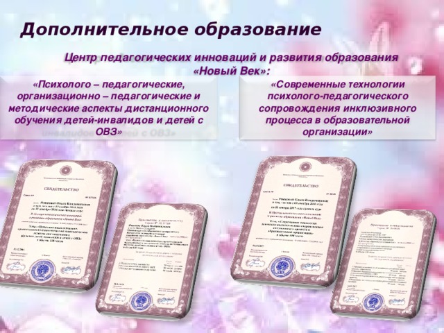 Дополнительное образование Центр педагогических инноваций и развития образования «Новый Век»: «Психолого – педагогические, организационно – педагогические и методические аспекты дистанционного обучения детей-инвалидов и детей с ОВЗ» «Современные технологии психолого-педагогического сопровождения инклюзивного процесса в образовательной организации» 