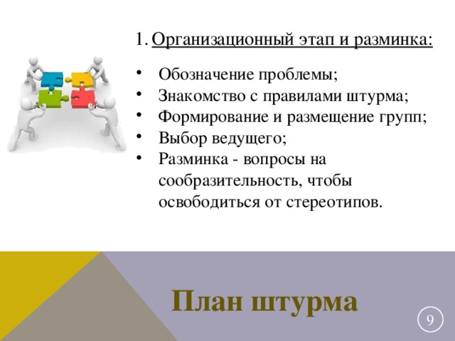 Организационный этап и разминка:  Обозначение проблемы; Знакомство с правилами штурма; Формирование и размещение групп; Выбор ведущего; Разминка - вопросы на сообразительность, чтобы освободиться от стереотипов. План штурма 2 