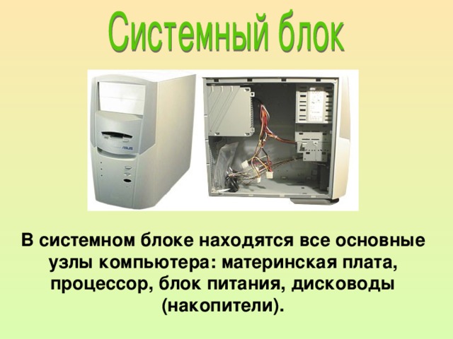 В системном блоке находятся все основные узлы компьютера: материнская плата, процессор, блок питания, дисководы (накопители).  
