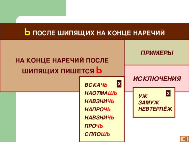 Ь ПОСЛЕ ШИПЯЩИХ НА КОНЦЕ НАРЕЧИЙ НА КОНЦЕ НАРЕЧИЙ ПОСЛЕ ШИПЯЩИХ ПИШЕТСЯ  Ь ПРИМЕРЫ ИСКЛЮЧЕНИЯ  ВСКА ЧЬ  НАОТМА ШЬ  НАВЗНИ ЧЬ  НАПРО ЧЬ  НАВЗНИ ЧЬ  ПРО ЧЬ  СПЛО ШЬ Х  УЖ  ЗАМУЖ  НЕВТЕРПЁЖ Х