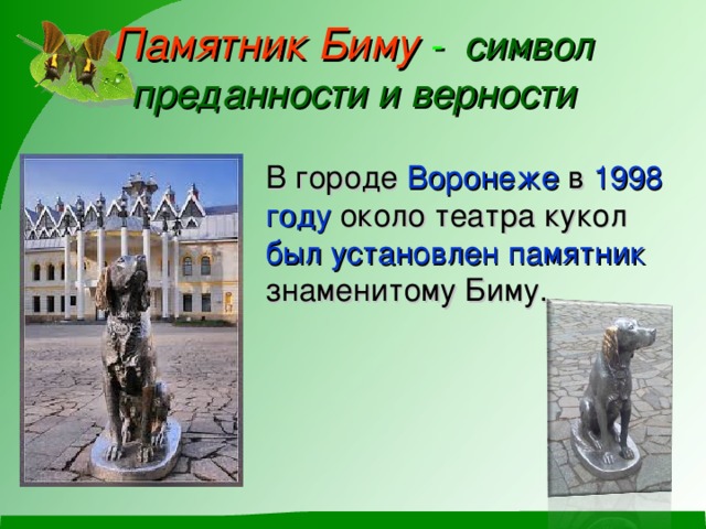 Памятник Биму - символ преданности и верности В городе Воронеже в 1998  году около театра кукол был установлен памятник знаменитому Биму.