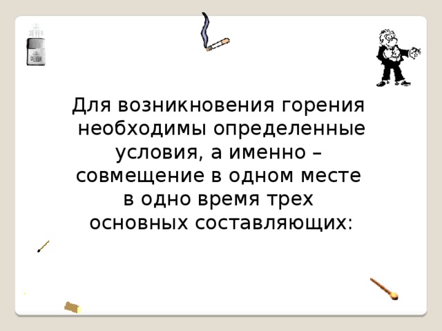 Для возникновения горения необходимы определенные условия, а именно – совмещение в одном месте в одно время трех основных составляющих: 