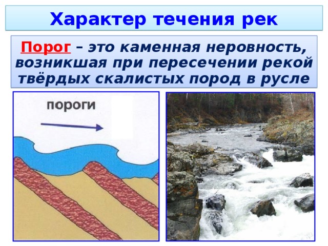 Характер течения рек Порог  – это каменная неровность, возникшая при пересечении рекой твёрдых скалистых пород в русле 