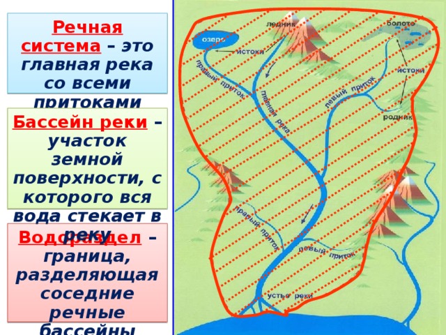 Речная система  – это главная река со всеми притоками Бассейн реки  – участок земной поверхности, с которого вся вода стекает в реку Водораздел  – граница, разделяющая соседние речные бассейны 