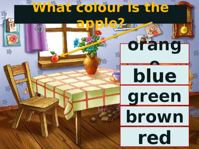 What colour is the apple? orange blue green brown red 