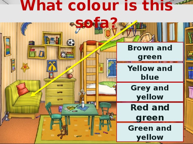 What colour is this sofa? Brown and green Yellow and blue Grey and yellow Red and green Green and yellow 