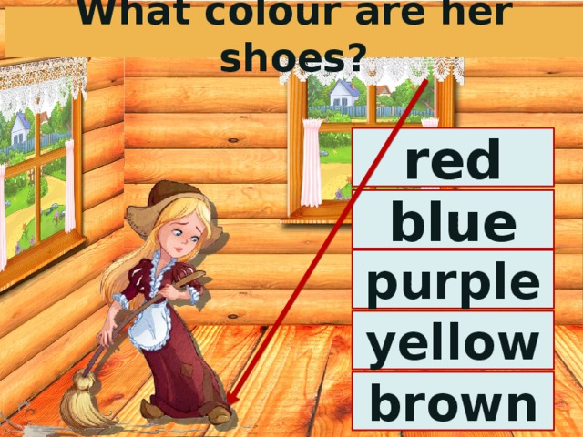 What colour are her shoes? red blue purple yellow brown 