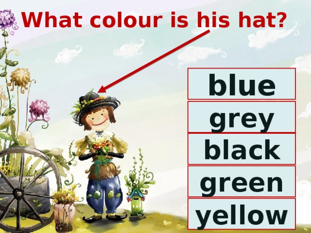 What colour is his hat? blue grey black green yellow 