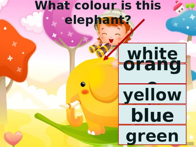 What colour is this elephant? white orange yellow blue green 