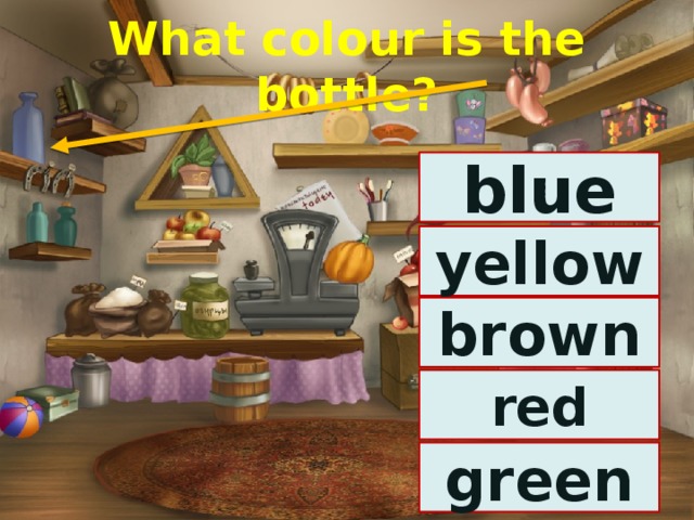 What colour is the bottle? blue yellow brown red green 