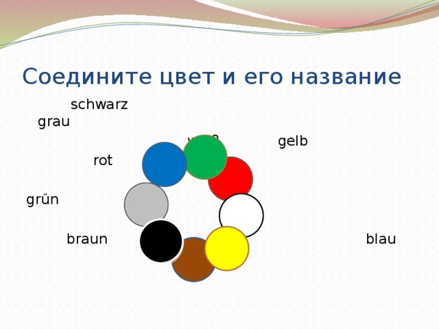 Соедините цвет и его название  schwarz grau  weiβ gelb  rot grün  braun blau  