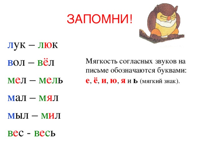 ЗАПОМНИ! л ук – л ю к в ол – в ё л м е л – м е л ь м ал – м я л м ыл – м и л в е с - в е с ь Мягкость согласных звуков на письме обозначаются буквами: е , ё , и , ю , я и ь  (мягкий знак). 