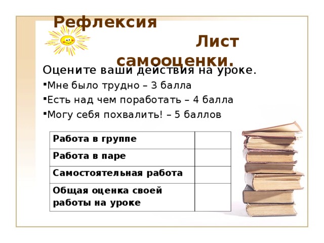 Рефлексия Лист самооценки. Оцените ваши действия на уроке. Мне было трудно – 3 балла Есть над чем поработать – 4 балла Могу себя похвалить! – 5 баллов Работа в группе Работа в паре Самостоятельная работа Общая оценка своей работы на уроке