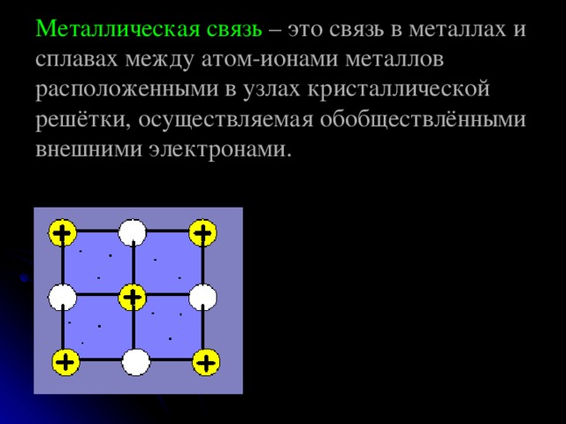 Металлическая связь – это связь в металлах и сплавах между атом-ионами металлов расположенными в узлах кристаллической решётки, осуществляемая обобществлёнными внешними электронами. 