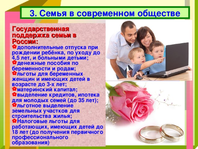 3. Семья в современном обществе Государственная поддержка семьи в России: дополнительные отпуска при рождении ребёнка, по уходу до 4,5 лет, и больными детьми; денежные пособия по беременности и родам; льготы для беременных женщин и имеющих детей в возрасте до 3-х лет; материнский капитал; выделение кредитов, ипотека для молодых семей (до 35 лет); льготное выделение земельных участков для строительства жилья; Налоговые льготы для работающих, имеющих детей до 18 лет (до получения первичного профессионального образования) 