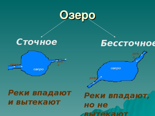 Озеро Сточное Бессточное река река река озеро озеро река Реки впадают и вытекают Реки впадают, но не вытекают  