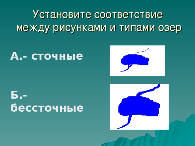 В тетради нарисуйте два озера сточное и бессточное