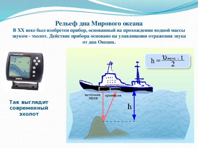   Рельеф дна Мирового океана  В XX веке был изобретен прибор, основанный на прохождении водной массы звуком - эхолот. Действие прибора основано на улавливании отражения звука от дна Океана. Так выглядит современный эхолот 