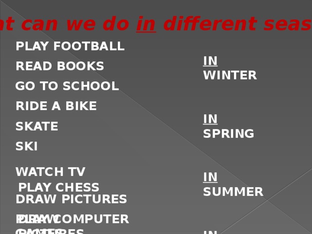 What can we do in different seasons? PLAY FOOTBALL  READ BOOKS  GO TO SCHOOL  RIDE A BIKE  SKATE  SKI   WATCH TV  DRAW PICTURES  PLAY COMPUTER GAMES  IN WINTER   IN SPRING   IN SUMMER   IN AUTUMN  PLAY CHESS DRAW PICTURES 
